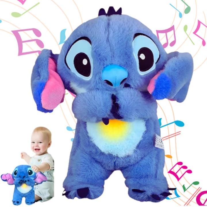 Jucarie de plus care respira, canta si sforaie, ZOUN, papusa muzicala linistitoare, Lilo & Stitch, interactiva, 25 cm, 3 ani+, albastra