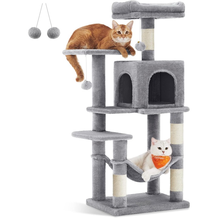 Ansamblu de Joaca pentru Pisici KATO™ InfinityPaws Multi Level, Hamac Cuib Moale, Platforma Observatie XXL, Casuta cu Doua Iesiri, Platforma Panorama, 4 Stalpi din Sisal Resist+, 2 Mingi Suspendate, Structura Ranforsata, Light Grey