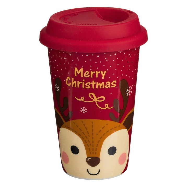 Керамична чаша за кафе ClickDeal, Коледа, щампована REN, червена, 385мл