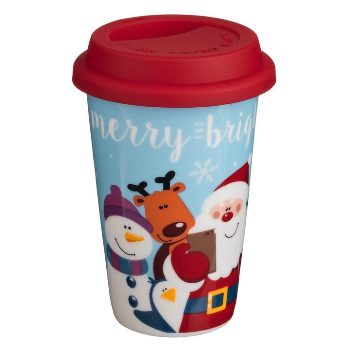 Керамична чаша за кафе със силиконов капак, Коледа, Дядо Коледа, синя, 385мл