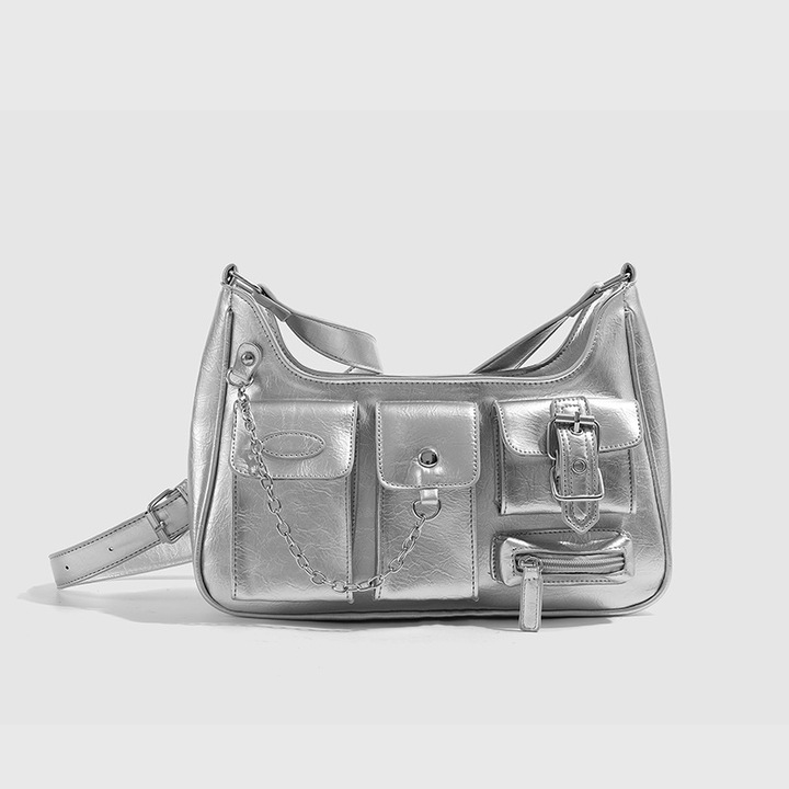 Egyedi crossbody táska, motoros stílus, nagy kapacitás, 30x20x8cm, ezüst