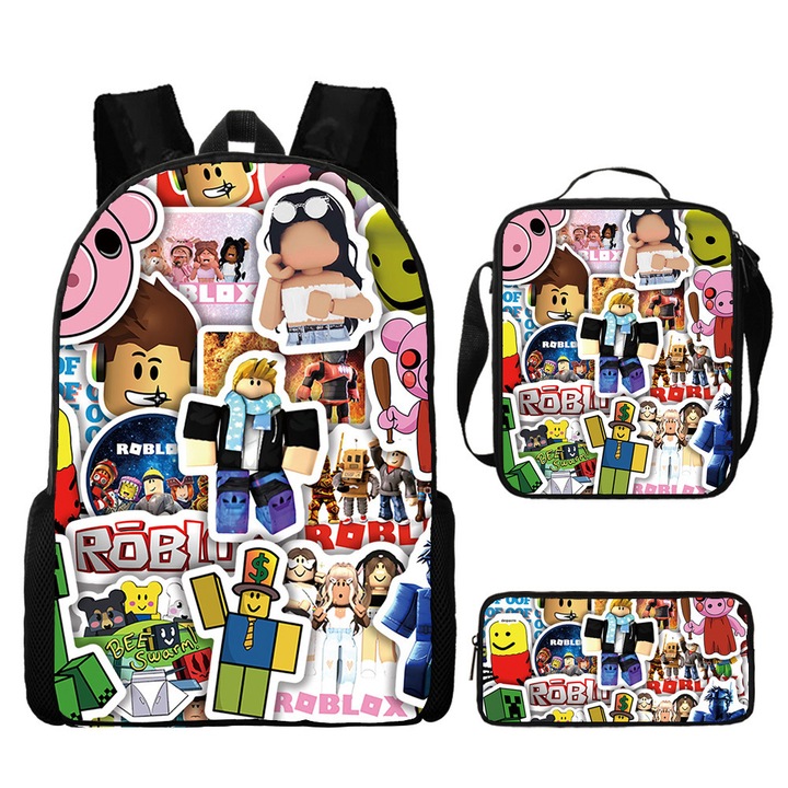 Set ghiozdan Roblox 3 piese, geanta de pranz, etui pentru creioane, 40x11x30cm, multicolor