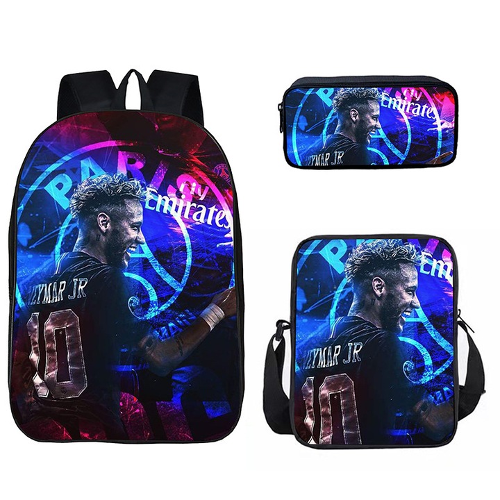 Set 3 piese ghiozdan, etui, geanta umar, fotbalisti Messi, Neymar, Mbappe, 42x12x29cm, multicolor