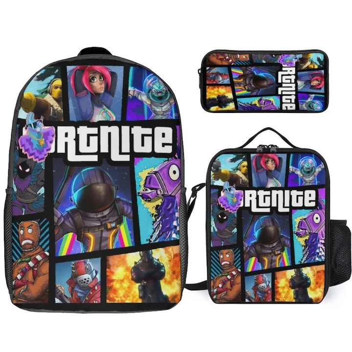 Set ghiozdan, pachet de pranz si penar Fortnite, 44x29x13cm, multicolor