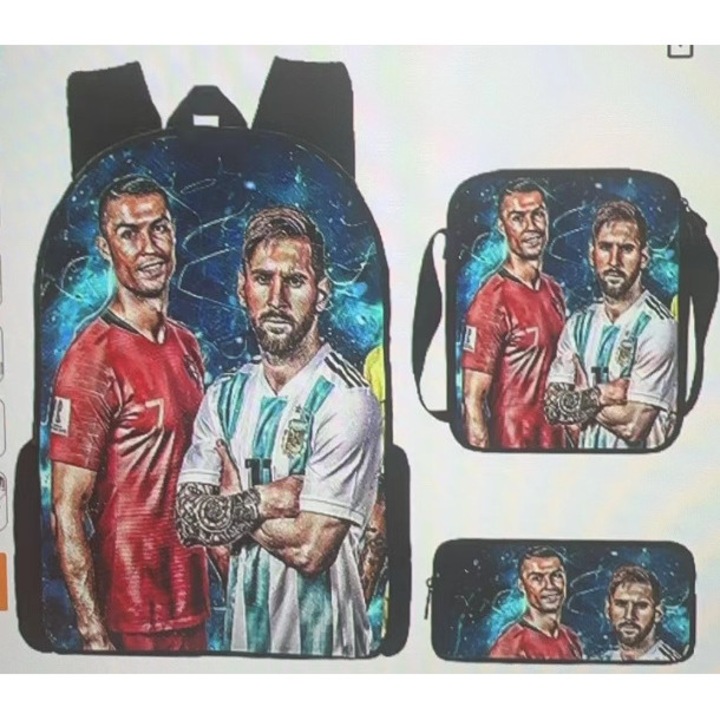 Set 3 piese ghiozdan, etui, geanta umar, fotbalisti Messi, Neymar, Mbappe, 42x12x29cm, multicolor