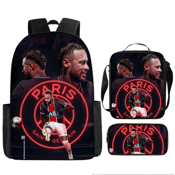 Set 3 piese fotbal, Messi, Neymar, Mbappe, ghiozdan, etui, geanta umar, 42x12x29cm, multicolor