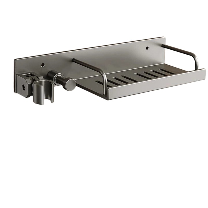 Suport cap de dus pentru baie, reglabil multi-unghi pana la 120°, cu raft de depozitare, gri