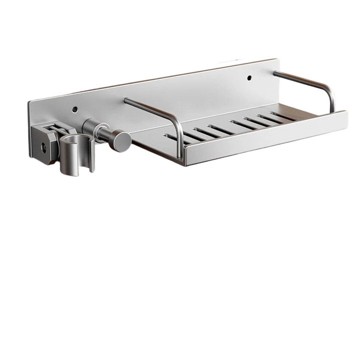 Suport cap de dus pentru baie, reglabil multi-unghi pana la 120°, cu raft de depozitare, argintiu