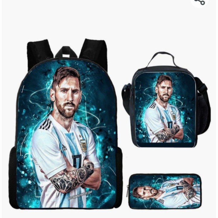 Set 3 piese ghiozdan, etui pentru creioane si geanta de umar, Messi, Neymar, Mbappe, 42x12x29cm, multicolor