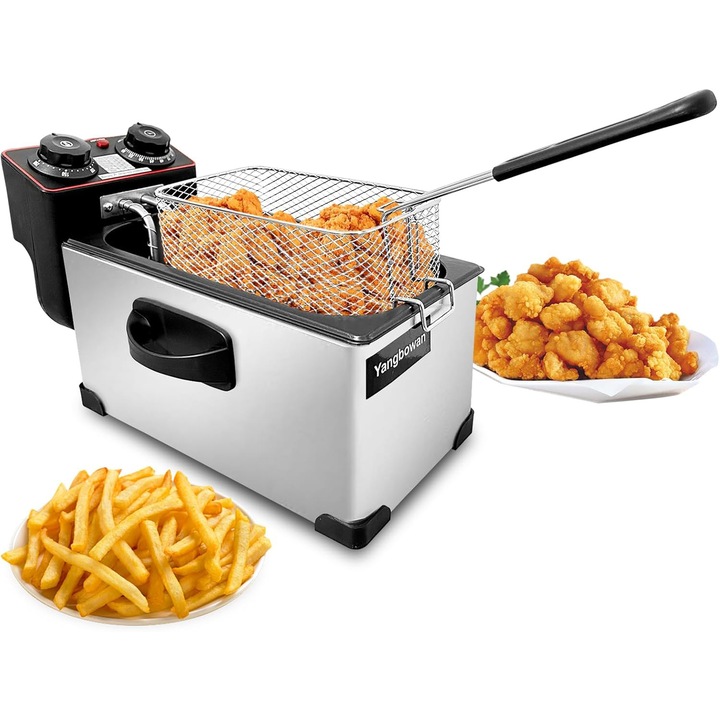 Mini friteuza cu aer pentru uz casnic, 3 litri, 1300 wati, cu cos de prajit, capac cu control al temperaturii, temporizator si fereastra de vizualizare, corp din otel inoxidabil