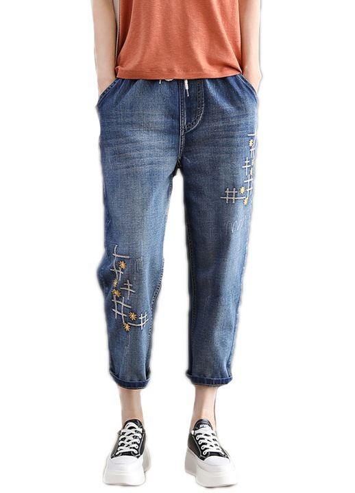 Pantaloni dama, cu broderie, albastru, din bumbac, S INTL