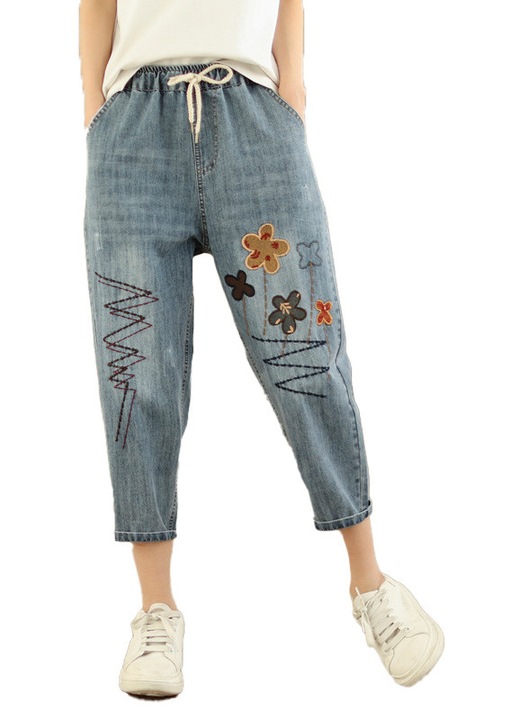 Pantaloni dama, broderie artistica, talie inalta, albastru