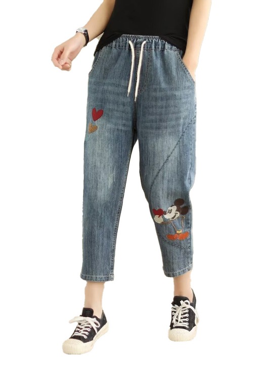 Pantaloni dama, largi, cu broderie, talie elastica, albastru, bumbac, S INTL