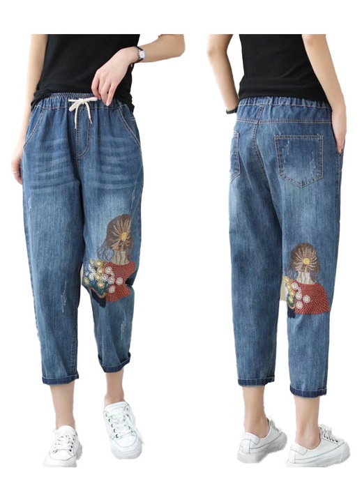 Pantaloni dama largi, cubroderie, talie elastica, albastru, bumbac