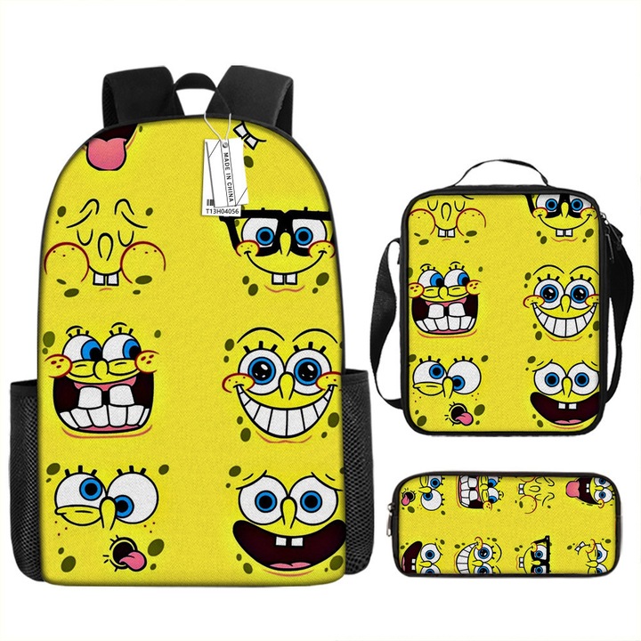 Spongyabob Kockanadrág 3 részes iskolatáska szett, nagy kapacitású, 42x16x29cm, többszínű
