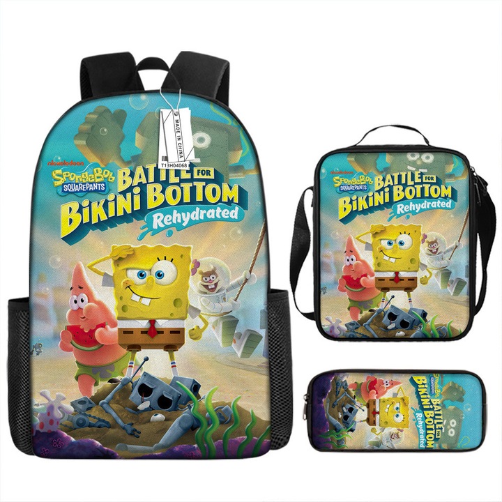 Spongyabob Kockanadrág 3 részes iskolatáska szett, nagy kapacitású, 42x16x29cm, többszínű