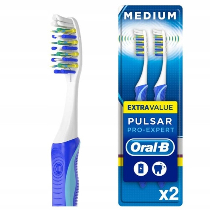 Set 2 Perițe de dinți Oral-B Pulsar Medium, Tehnologie MicroPulse, Albastru, cu baterii