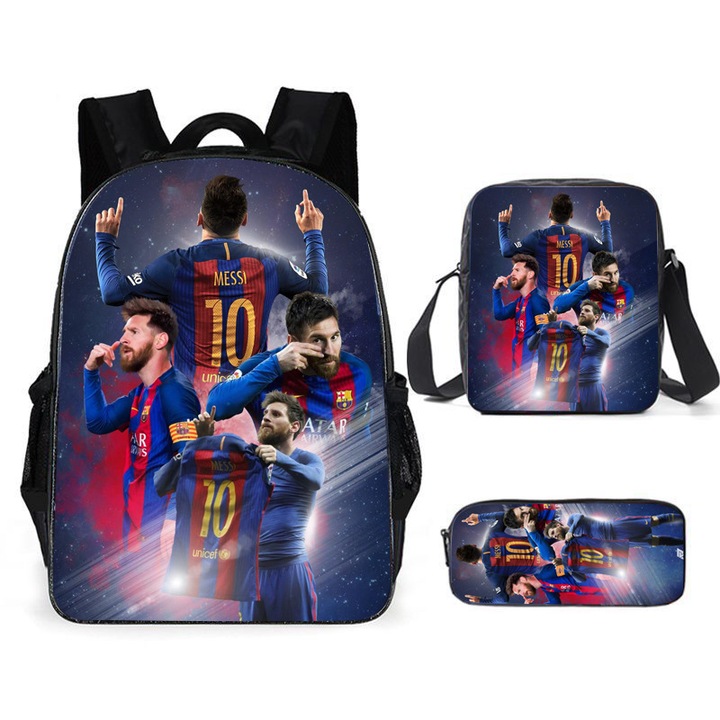 3 darabos szett: hátizsák, tolltartó, válltáska, focisták Messi, Neymar, Mbappe, 42x12x29cm, többszínű