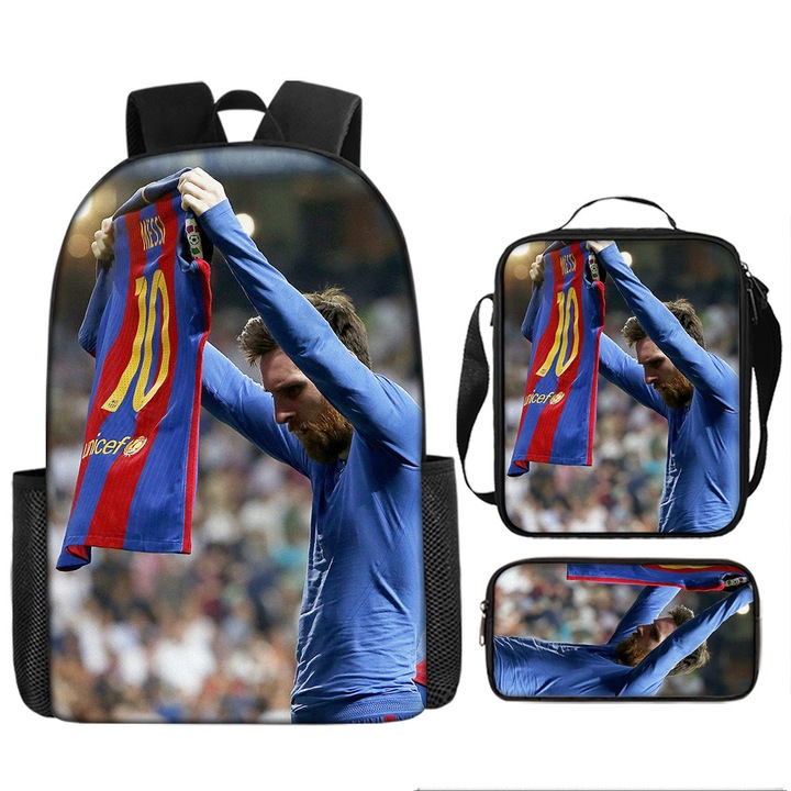 3 részes szett: hátizsák, tolltartó, válltáska, Messi, Cr7, Neymar, Mbappe focistákkal, 42x12x29cm, többszínű