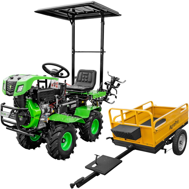 Minitractor RDB BD192E, hidraulic, 4x4, motor 11CP, diesel, 3+1 viteze, latime lucru 135 cm, 4 freze, roti 19x7.00-8", semicabina, remorca