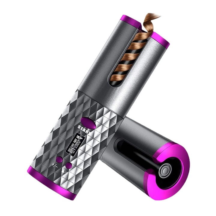 Vezeték nélküli hajgöndörítő, állandó hőmérséklet, szürke-piros, gyémánt alakú LCD kijelző, 5200mAh akkumulátor