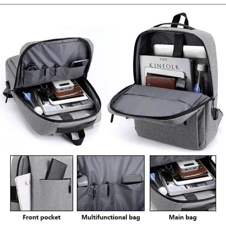 Rucsac laptop 18.5 inch, gri, cu port USB, rezistent la apa, compartimente multiple