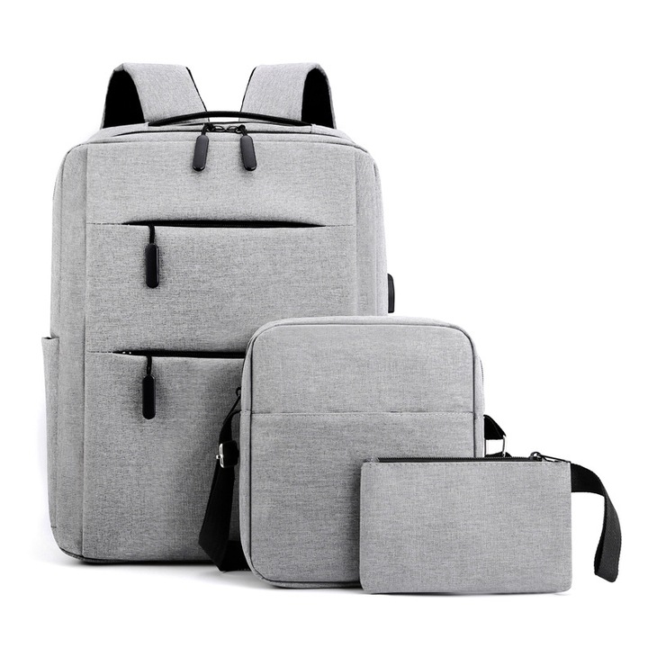 Rucsac business, set de 3 piese, capacitate mare, rucsac cu incarcare USB, pentru laptopuri de 15.6 inch, gri, 42x12x30cm