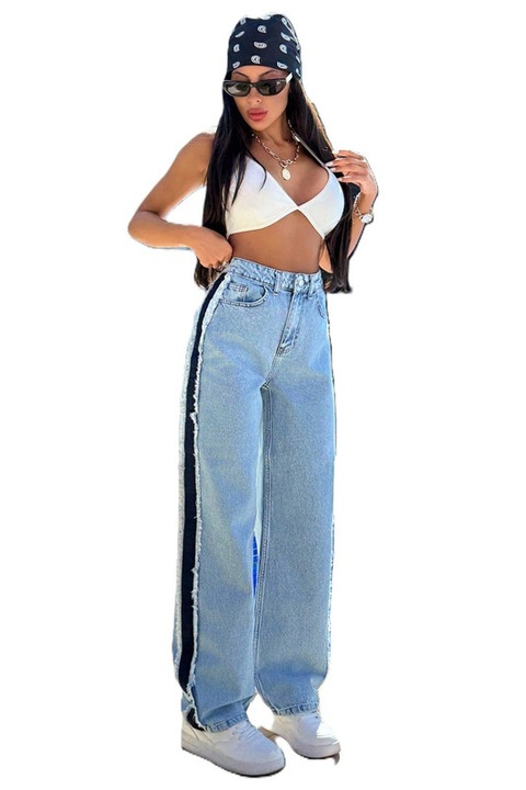 Blugi Dama, Dunga Contrastanta, Talie Inalta, Croiala Dreapta, Albastru