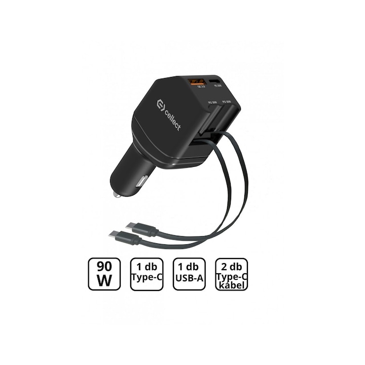 Incarcator auto Type-C 90W cu 2 cabluri integrate retractabile, incarcare rapida Cellect Negru