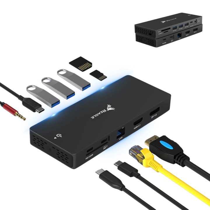 Hub Reagle 12in1, aluminiu, 100W, suport 8K, transfer 10 Gbps