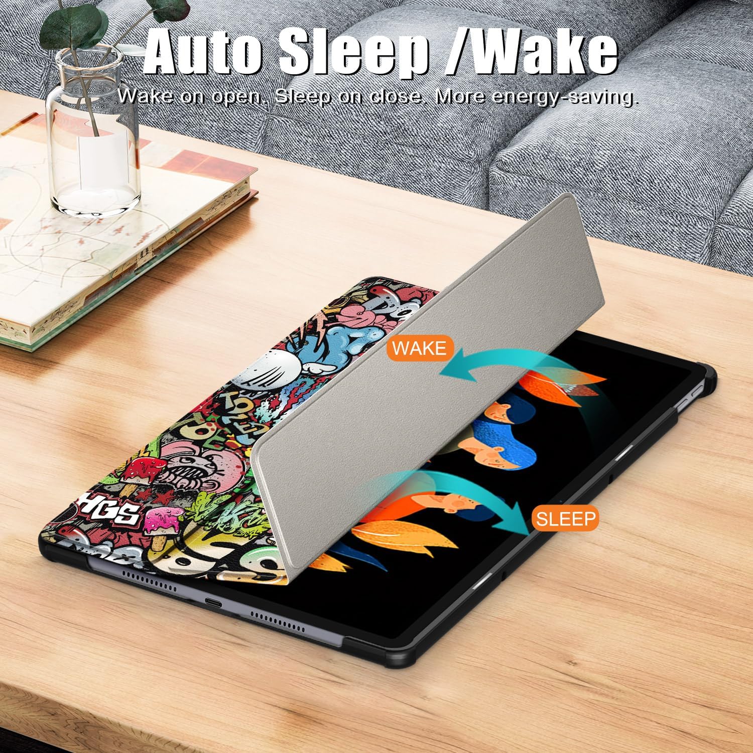 Husa pentru Lenovo Idea Tab Plus 12.1 tip stand functie sleep/wake-up si inchidere magnetica, protectie 360 - Graffiti