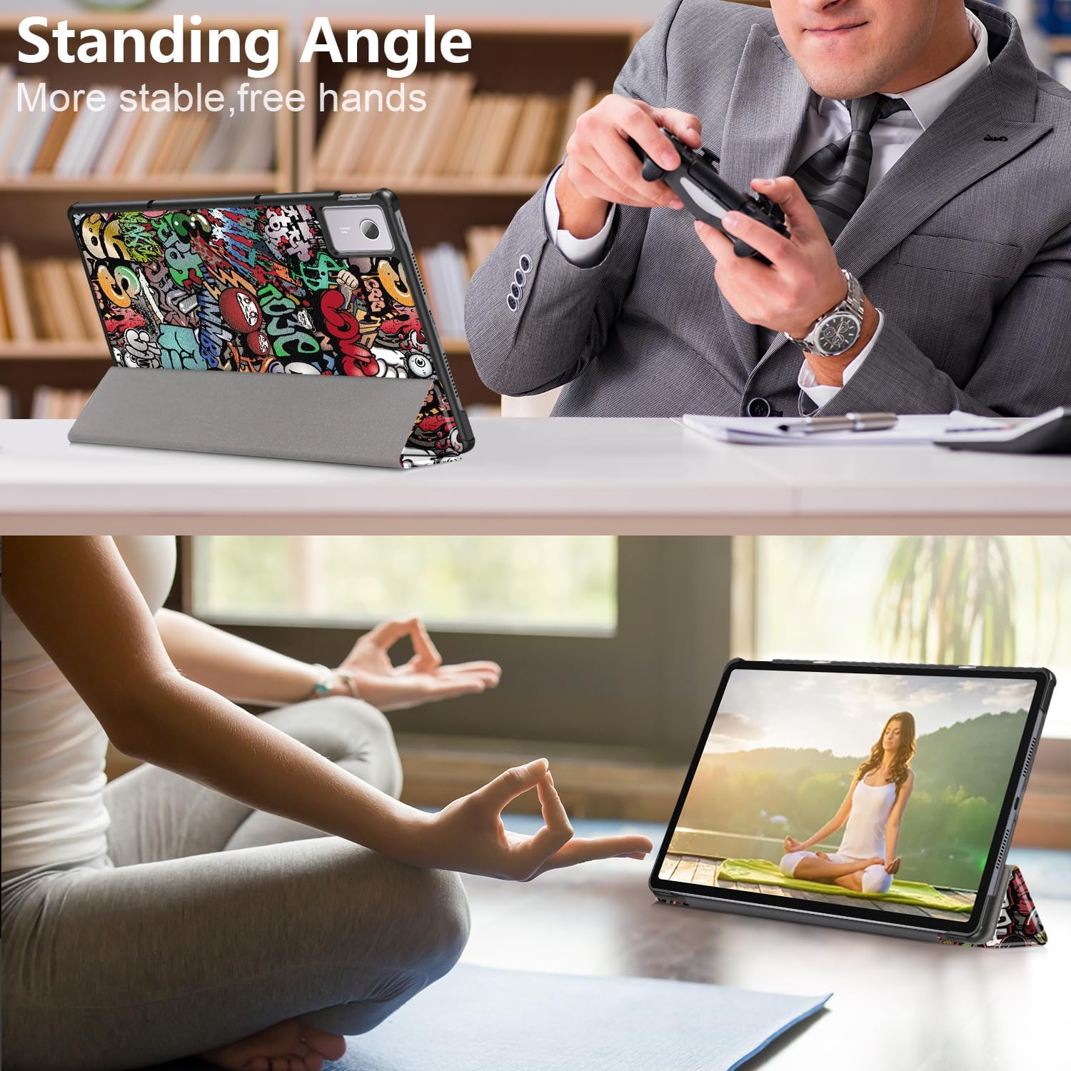 Husa pentru Lenovo Idea Tab Plus 12.1 tip stand functie sleep/wake-up si inchidere magnetica, protectie 360 - Graffiti