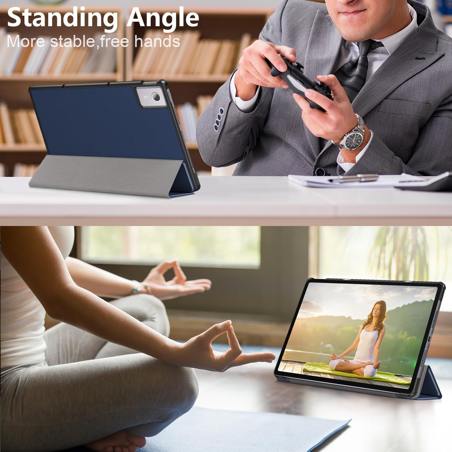 Husa pentru Lenovo Idea Tab Plus 12.1 tip stand functie sleep/wake-up si inchidere magnetica, protectie 360 - albastru
