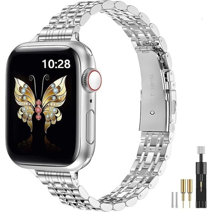 Curea Ceas Pentru Femei, Compatibila Apple Watch Seria 1–9, SE, Ultra/Ultra 2, 42–49 mm – Bratara Metalica Eleganta din Otel Inoxidabil, Argintie, Reglabila + Dispozitiv Reglare Cadou