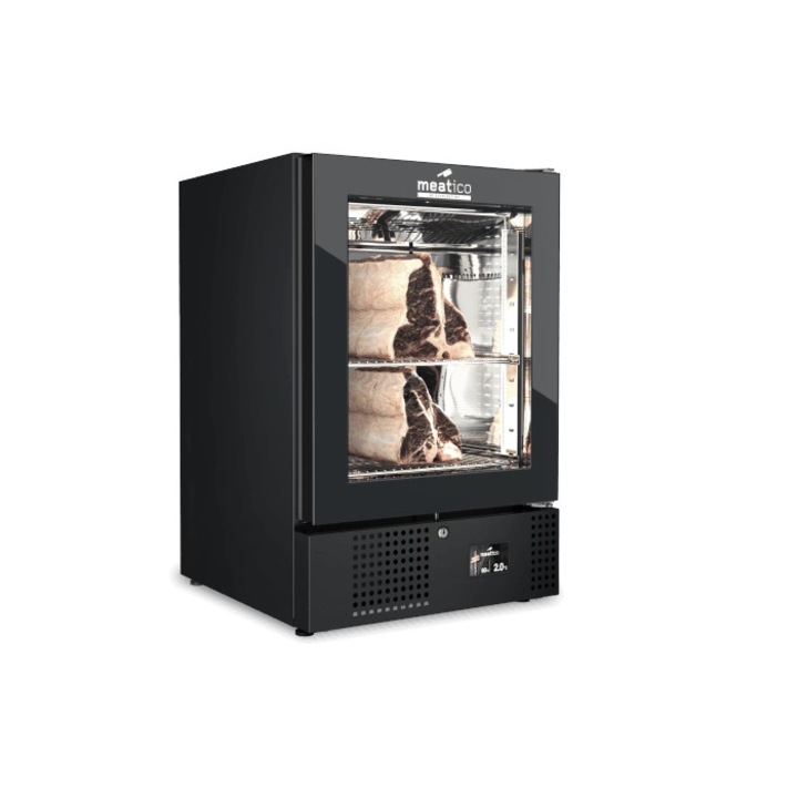Frigider profesional pentru maturat carne cu WiFi Meatico by Everlasting, Meat 150, partial incorporabil, 125 litri, temperatura reglabila 0-10°C, umiditate 40-90%, 2 rafturi din otel, lumina UV antibacteriana, usa din sticla, panou tactil, negru