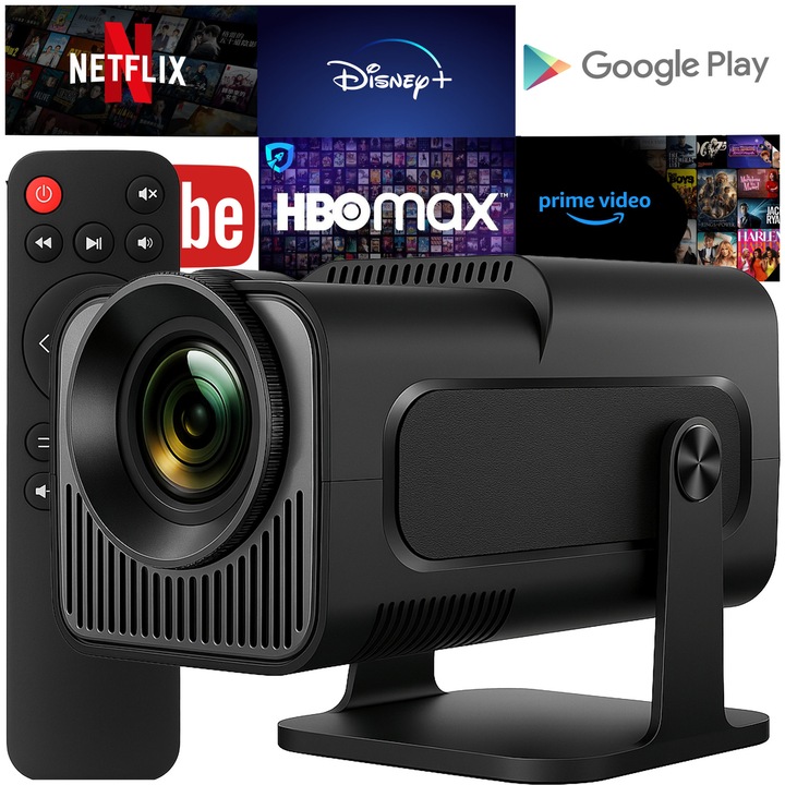 Videoprojektor RETOO TechPro LED, 4K 30FPS, 300 ANSI, 1280x720p, 16:9, képméret 40-130'', WiFi 6, Bluetooth 5.0, HDMI, USB, AV, 3, 5 mm-es Jack, AirPlay, Miracast, manuális fókuszállítás, kompakt kialakítás és csendes működés