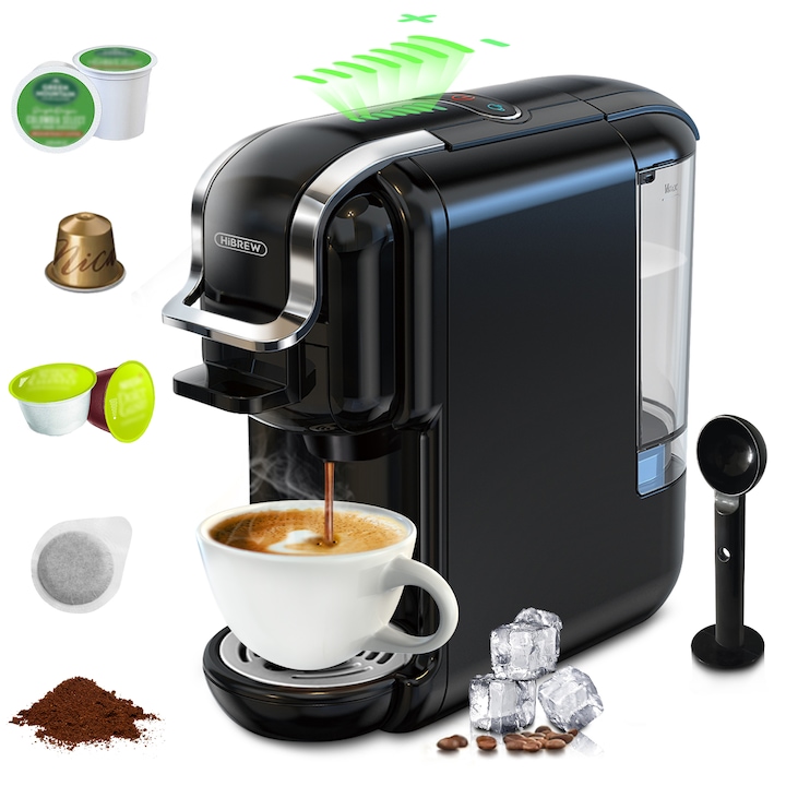 Espressor universal 5in1 HiBREW H2B, 19 bar, 1450W, 600ml, Thermoblock, Compatibil cu capsule Nespresso, Dolce Gusto, KCup, plicurile ESE si cafea macinata, negru