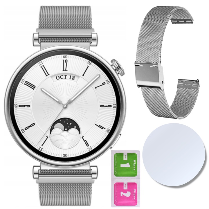 Fém karkötő HUAWEI GT5 41MM-hez, ezüst + edzett üveg képernyővédő fólia