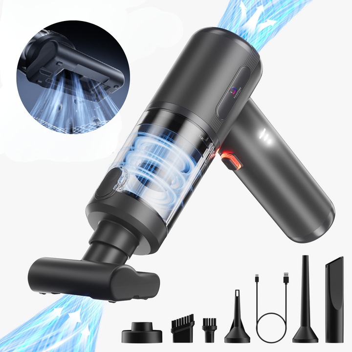 Aspirator Auto, DAIXSTORE®, 4 in 1, Multifunctional, Wireless, Portabil, Filtru HEPA Reutilizabil, Ultra-Puternic 20.000 Pa, 120.000 RPM, 3 Viteze, 6 Duze De Schimb, Functie De Aspirare, Suflare, Vacuum, Uz Casnic, Motor Brushless, Putere 100 W, Baterie 6