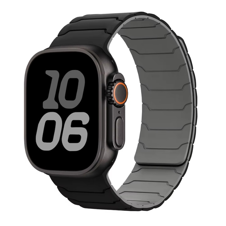 Curea Sport Premium din Silicon cu design tip Otel Inoxidabil. Compatibila cu Apple Watch Ultra/Ultra 2/Ultra 3/11/10/SE/9/8/7/6/5 (44/45/46/49 mm), Inchidere Magnetica, Confortabila si Eleganta, Culoarea Negru-Gri