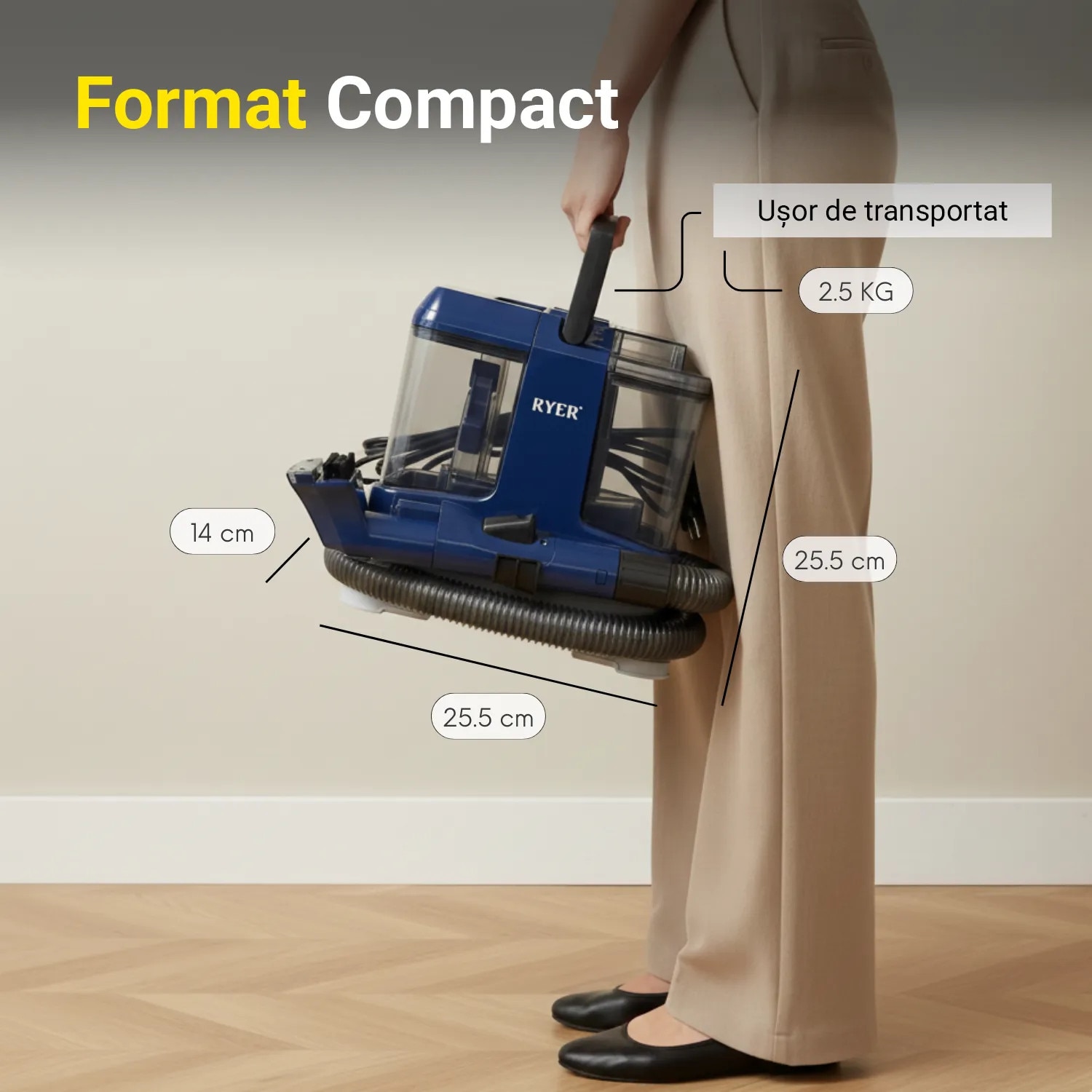 Aspirator profesional cu spalare Ryer Carpet Cleaner Compact Plus cu injectie-extractie, curatator de pete textile, saltele, covoare, tapiterii, mocheta, podele, albastru