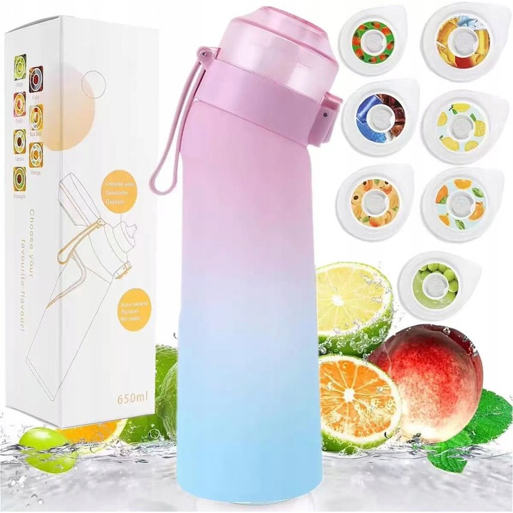 YOUKUKE vizespalack 7 ízzel, 650 ml, 0% cukor vizespohár szívószállal, kültéri sportokhoz alkalmas sport vizespalack szívószállal, Gradiens kék