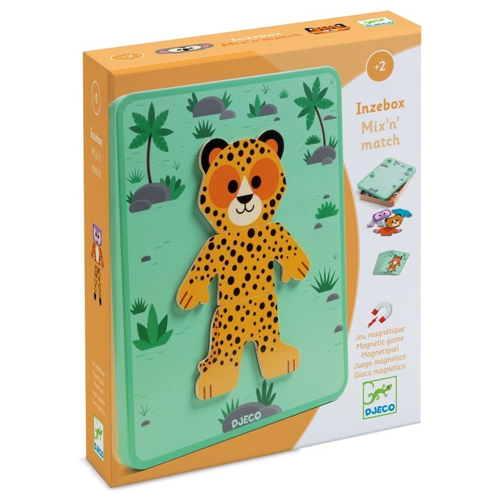 Joc cu magneti Mix'n'match, Djeco, cutie metalica ilustrata, 24 piese magnetice din lemn, +2 ani