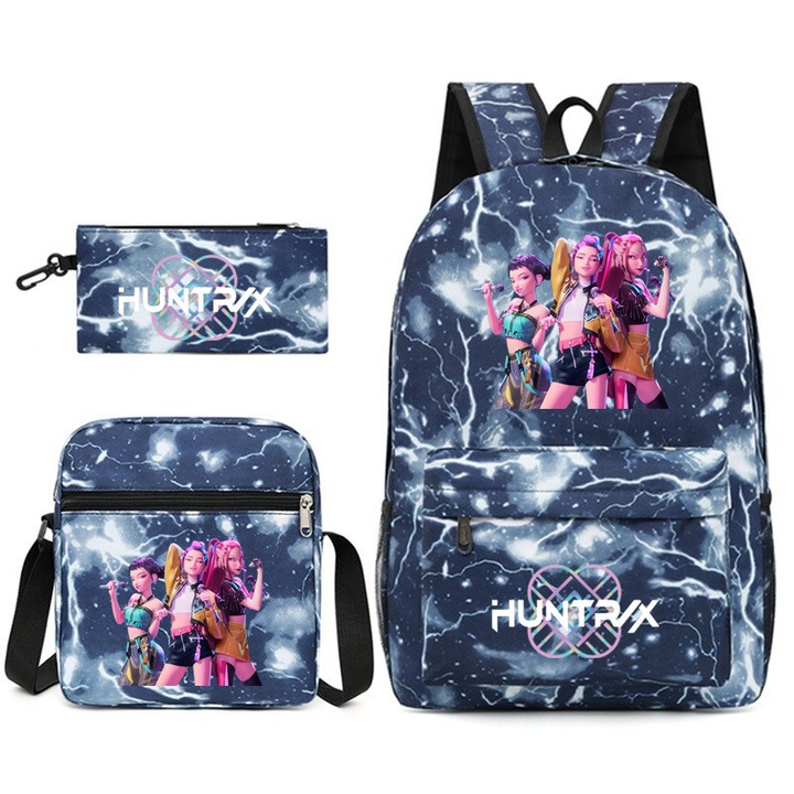 K-pop Witcher Girls nyomtatott iskolatáska, 3 darabos szett, villamszurke, 45x32x13cm