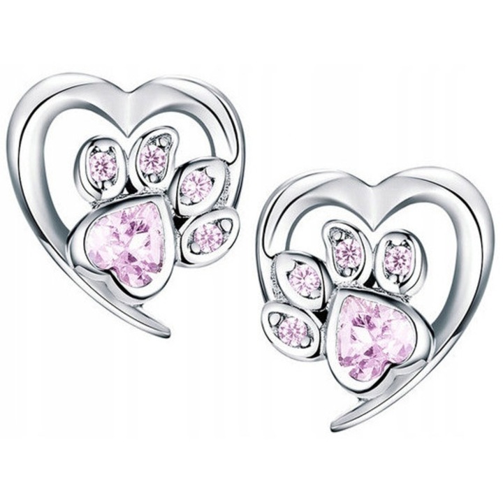 Cercei argint 925 pentru fete, inimioara cu labuta, zirconiu, 1x0.8cm
