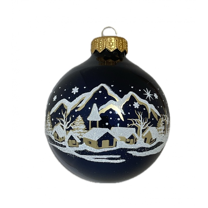 Glob de sticlă de 8 cm, Pannonia Dekor Kft albastru închis strălucitor, cu model de sat de iarnă