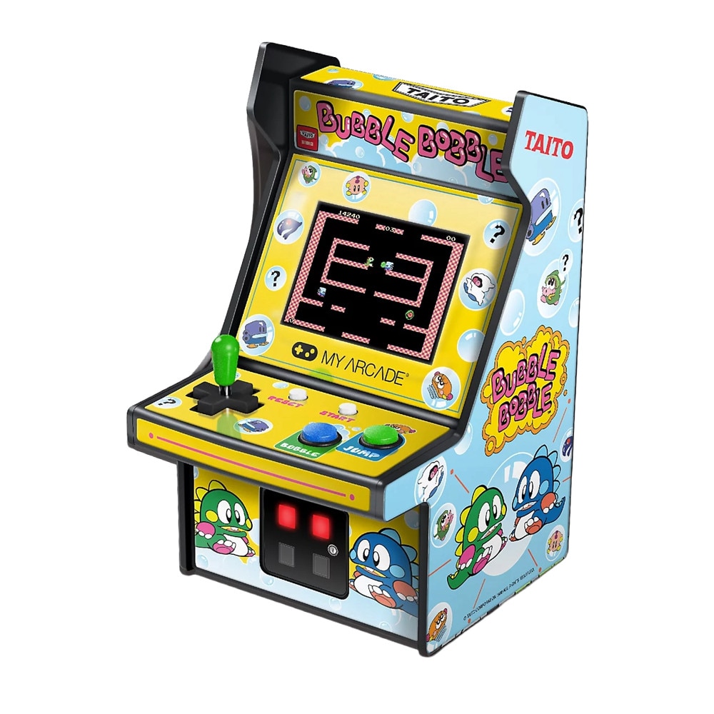 Mini consola verticala Bubble Bobble™ MyArcade, Micro Player Pro 6.7'', grafica originala, display color 2.75 inch, iluminare ajustabila, portabila, difuzor extern, adaptor casti, potrivit pentru game rooms si colectionari, ideala cadou, multicolor
