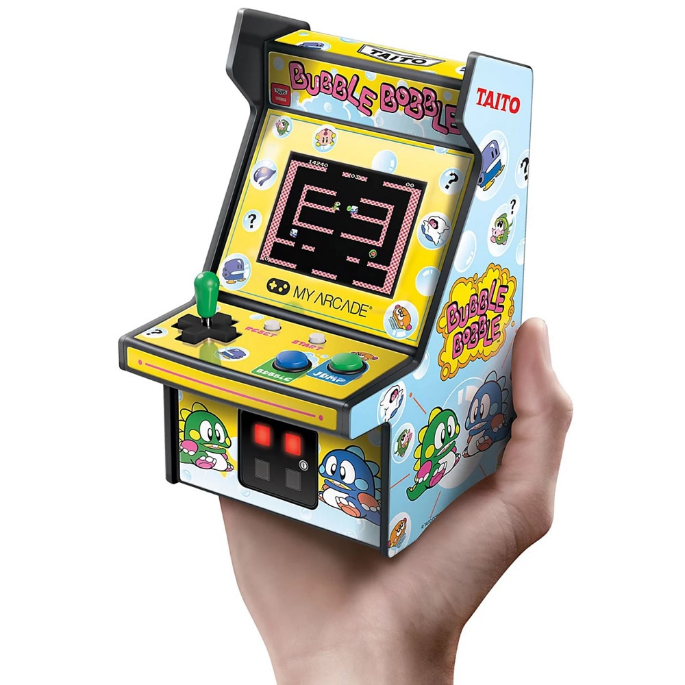 Mini consola verticala Bubble Bobble™ MyArcade, Micro Player Pro 6.7'', grafica originala, display color 2.75 inch, iluminare ajustabila, portabila, difuzor extern, adaptor casti, potrivit pentru game rooms si colectionari, ideala cadou, multicolor