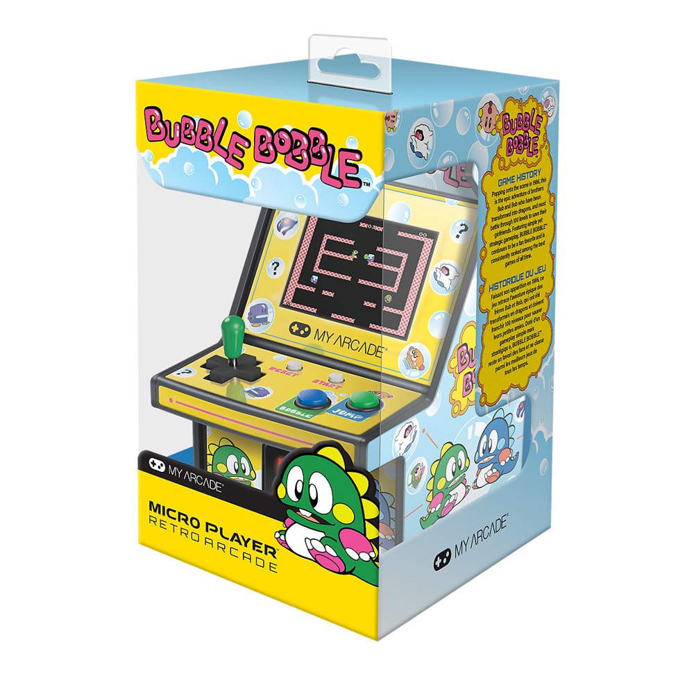 Mini consola verticala Bubble Bobble™ MyArcade, Micro Player Pro 6.7'', grafica originala, display color 2.75 inch, iluminare ajustabila, portabila, difuzor extern, adaptor casti, potrivit pentru game rooms si colectionari, ideala cadou, multicolor