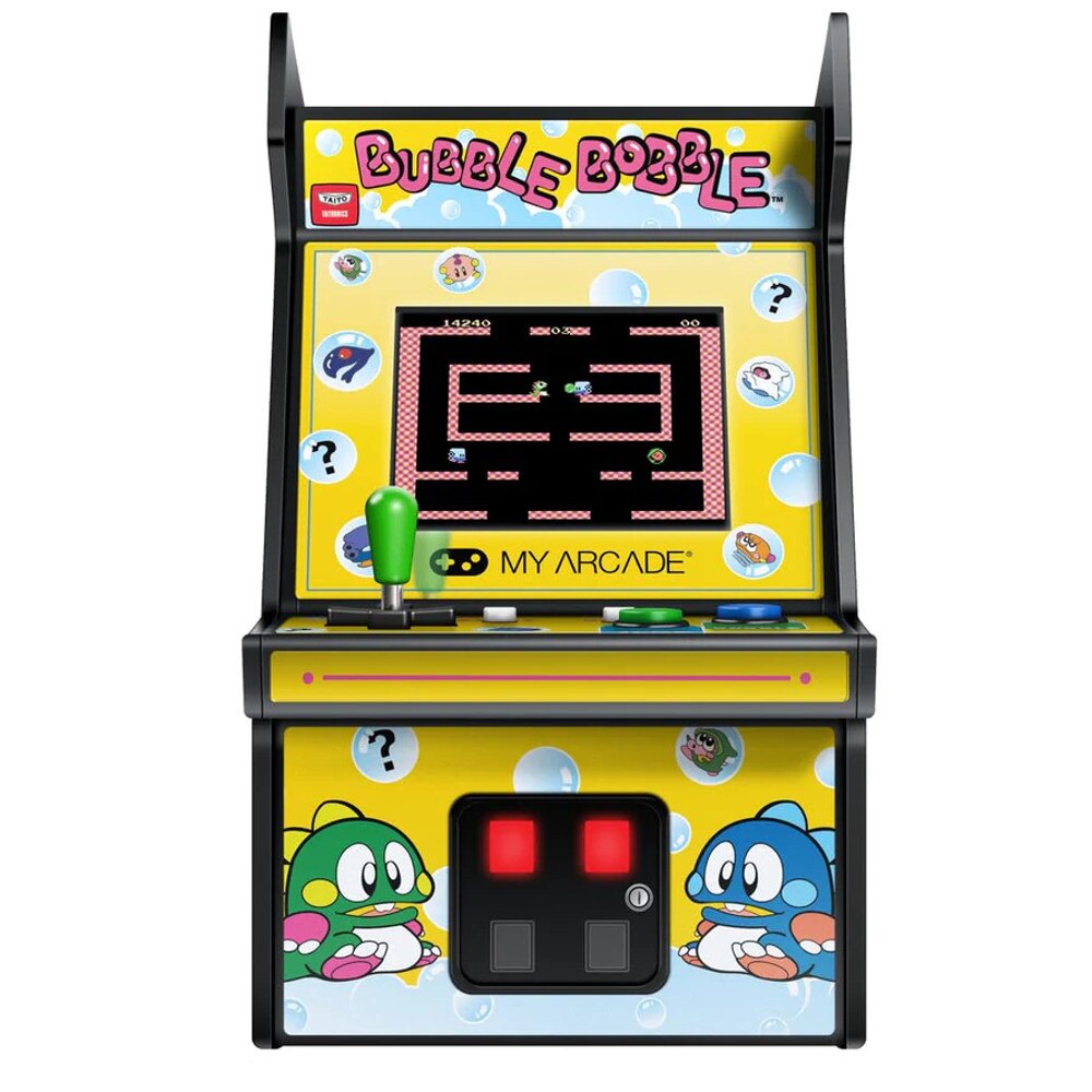 Mini consola verticala Bubble Bobble™ MyArcade, Micro Player Pro 6.7'', grafica originala, display color 2.75 inch, iluminare ajustabila, portabila, difuzor extern, adaptor casti, potrivit pentru game rooms si colectionari, ideala cadou, multicolor